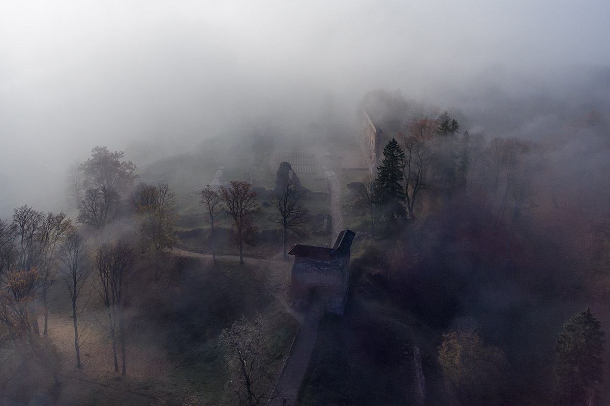 the fog above ruins of the Viljandi castle